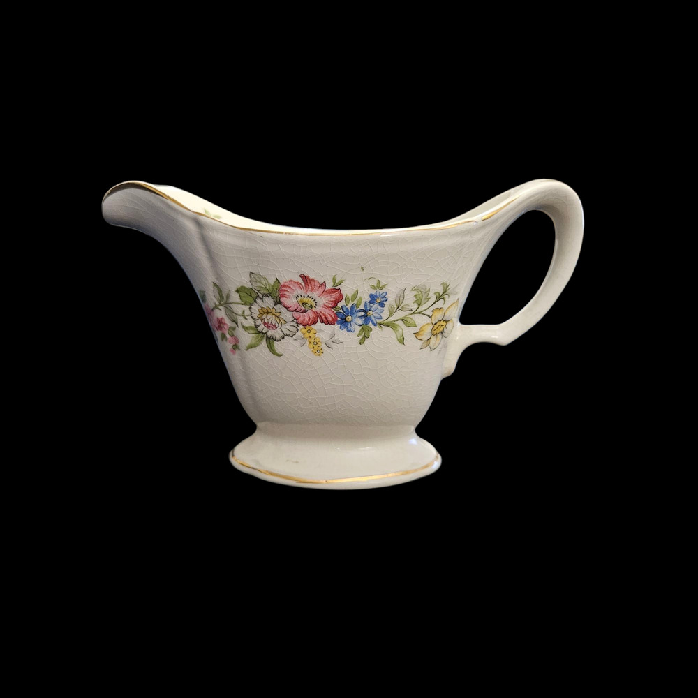 Vintage 1950s Floral Porcelain Gravy Boat Gold Trim Footed Scalloped